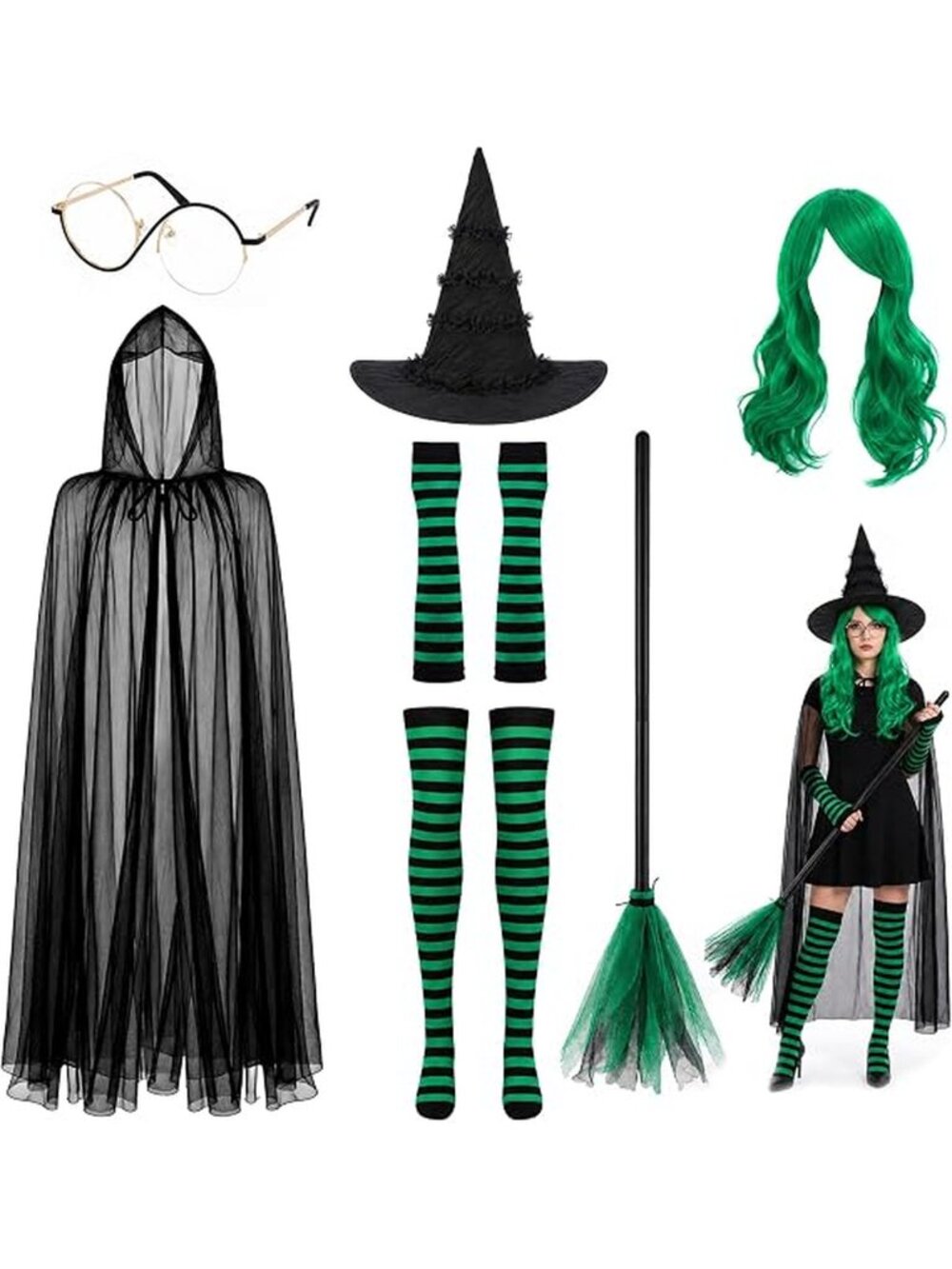 7pc Witch Halloween Costume Set for Women Hooded Cape Wig Hat